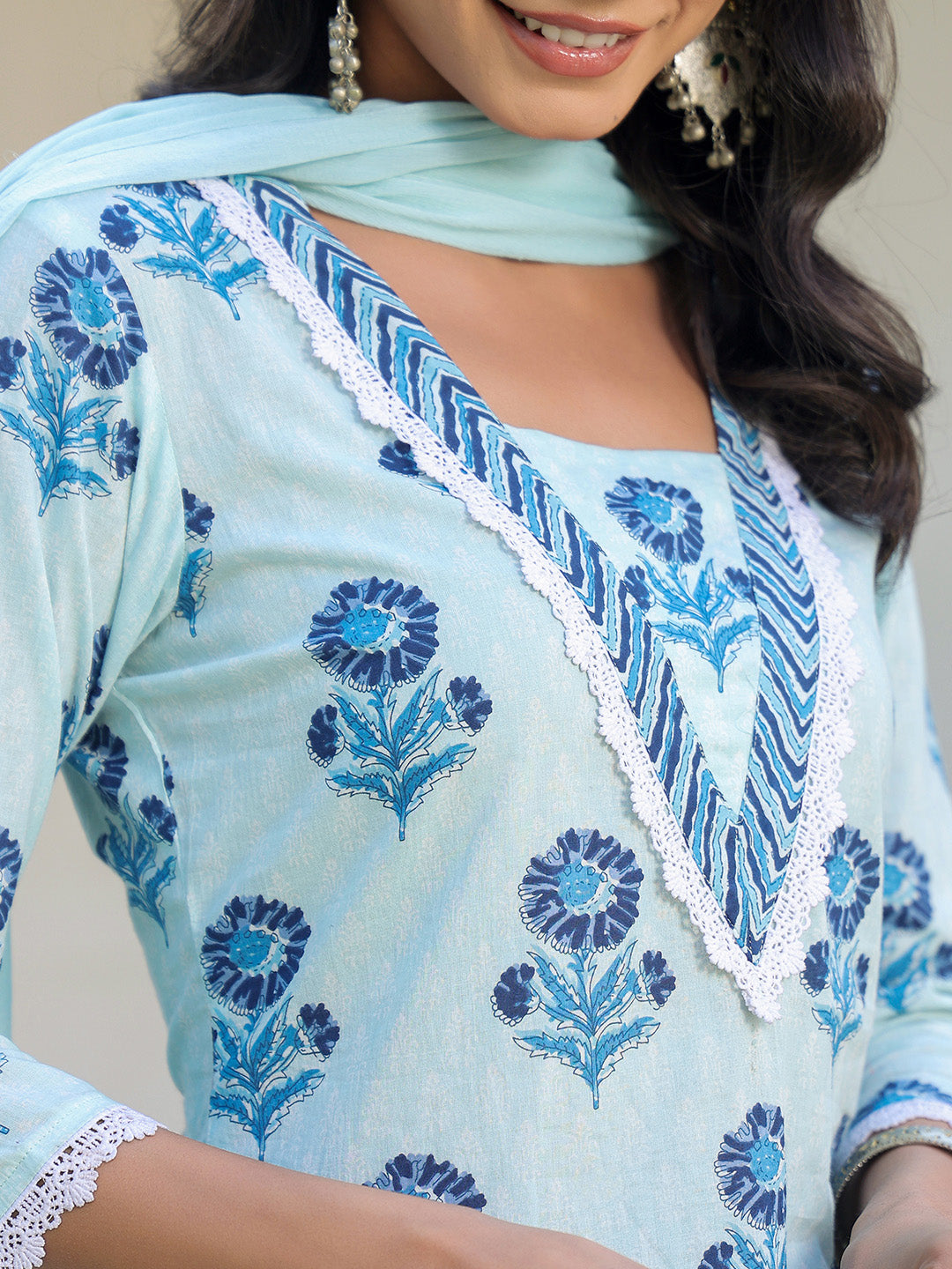 Blue Pure Cotton Floral Printed Straight Kurta Set - qivii