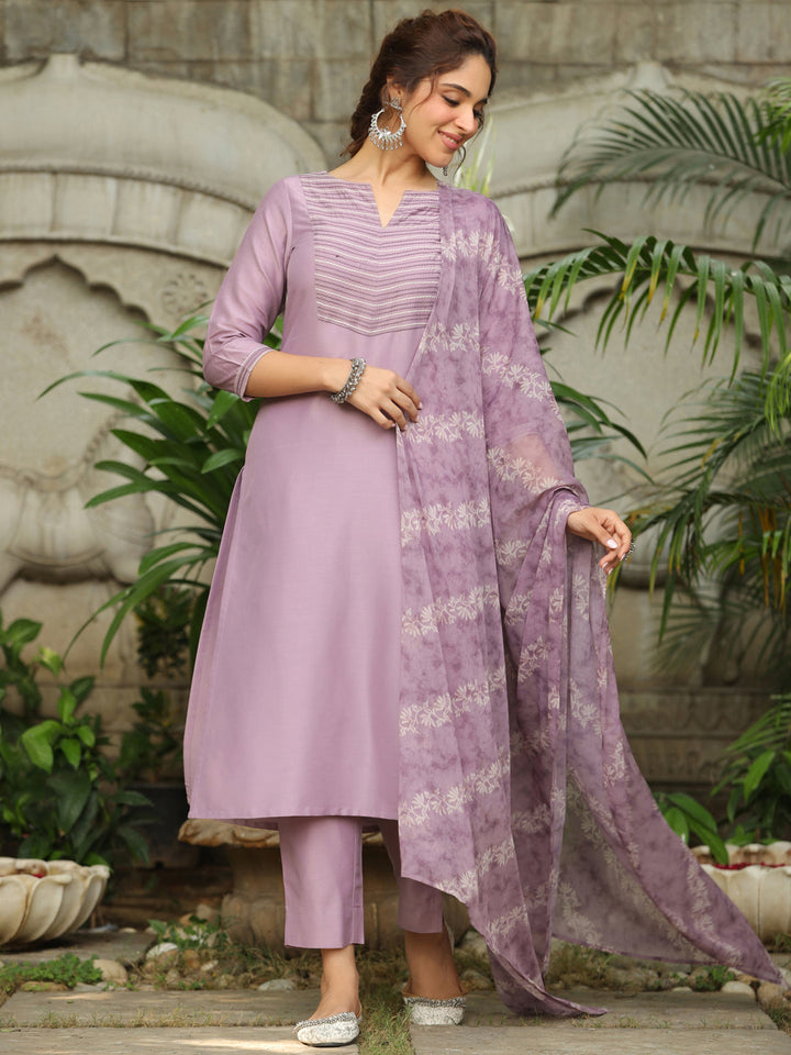 Lavender Silk Blend Yoke Embroidered Straight Kurta Set  - By Janasya