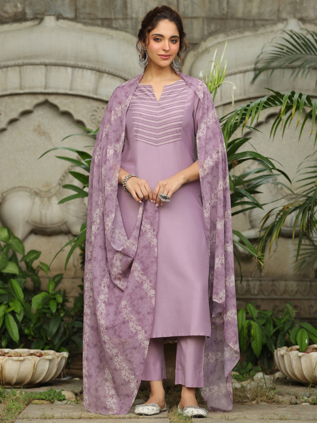 Lavender Silk Blend Yoke Embroidered Straight Kurta Set  - By Janasya