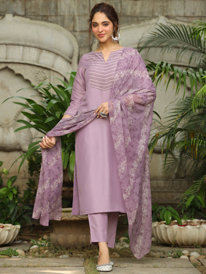 Lavender Silk Blend Yoke Embroidered Straight Kurta Set  - By Janasya