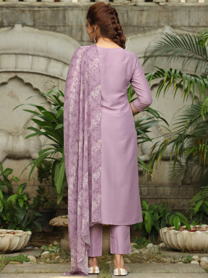 Lavender Silk Blend Yoke Embroidered Straight Kurta Set  - By Janasya