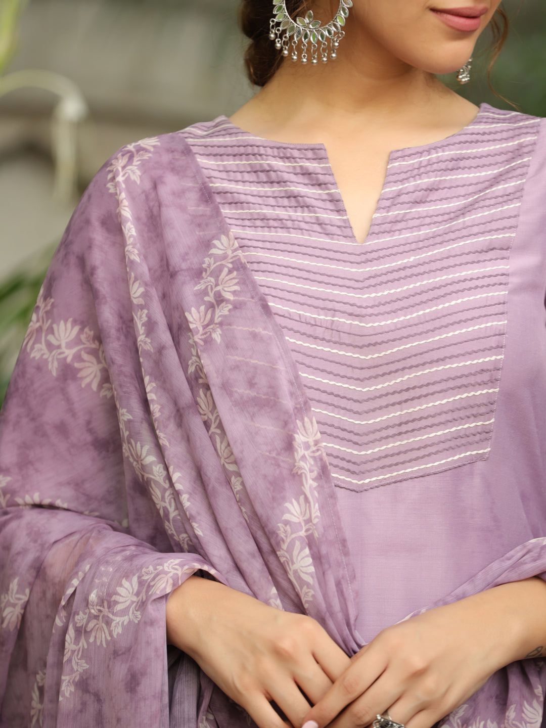 Lavender Silk Blend Yoke Embroidered Straight Kurta Set  - By Janasya