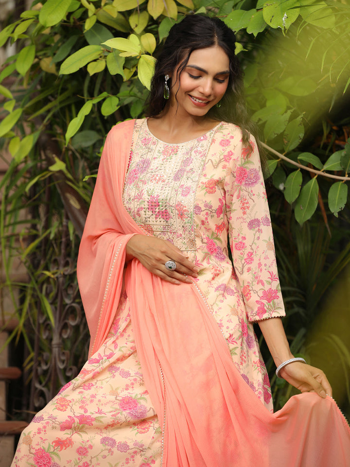 Peach Georgette Yoke Design Floral Printed A-Line Kurta Set  - By Janasya