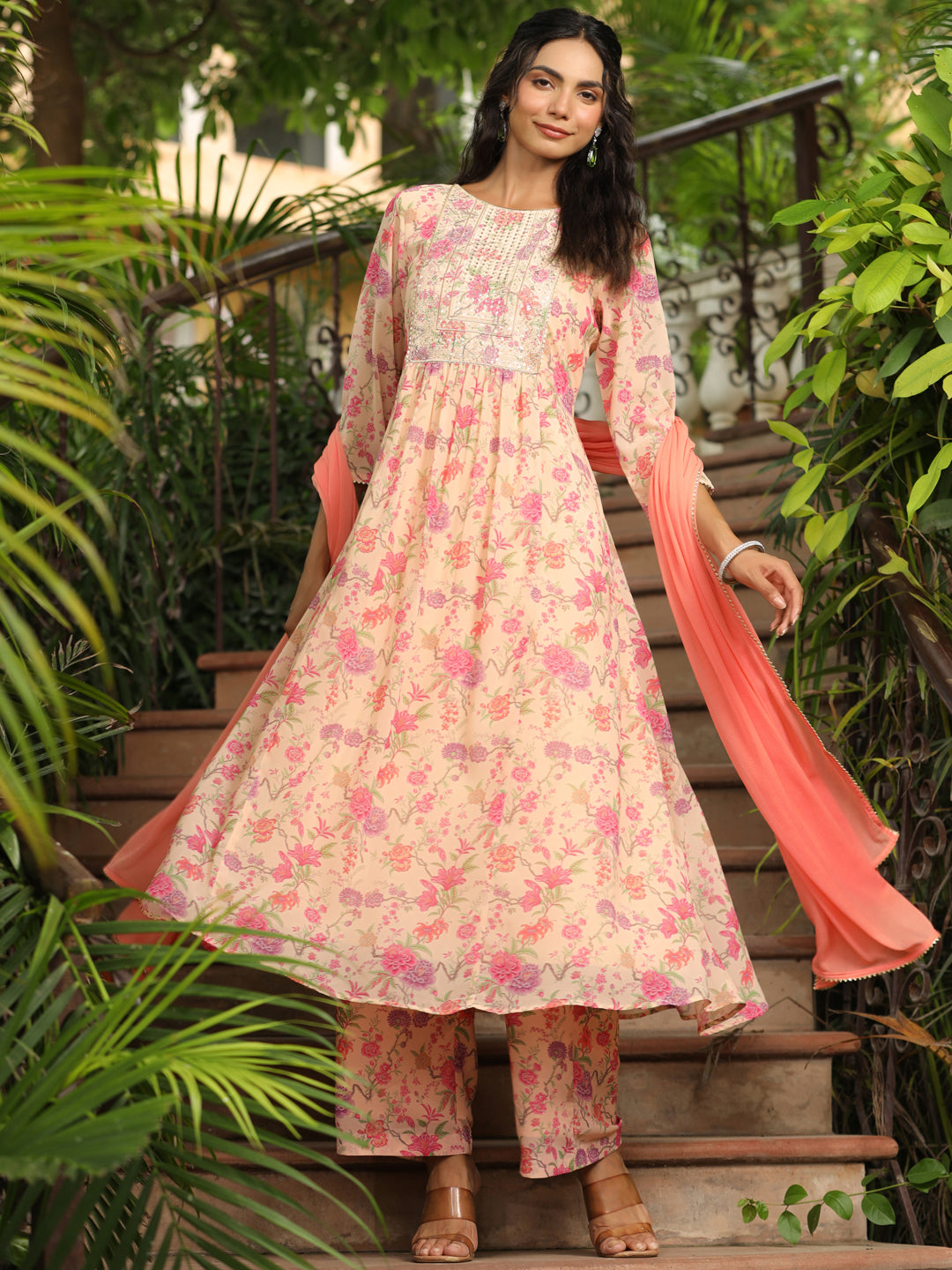 Peach Georgette Yoke Design Floral Printed A-Line Kurta Set  - By Janasya