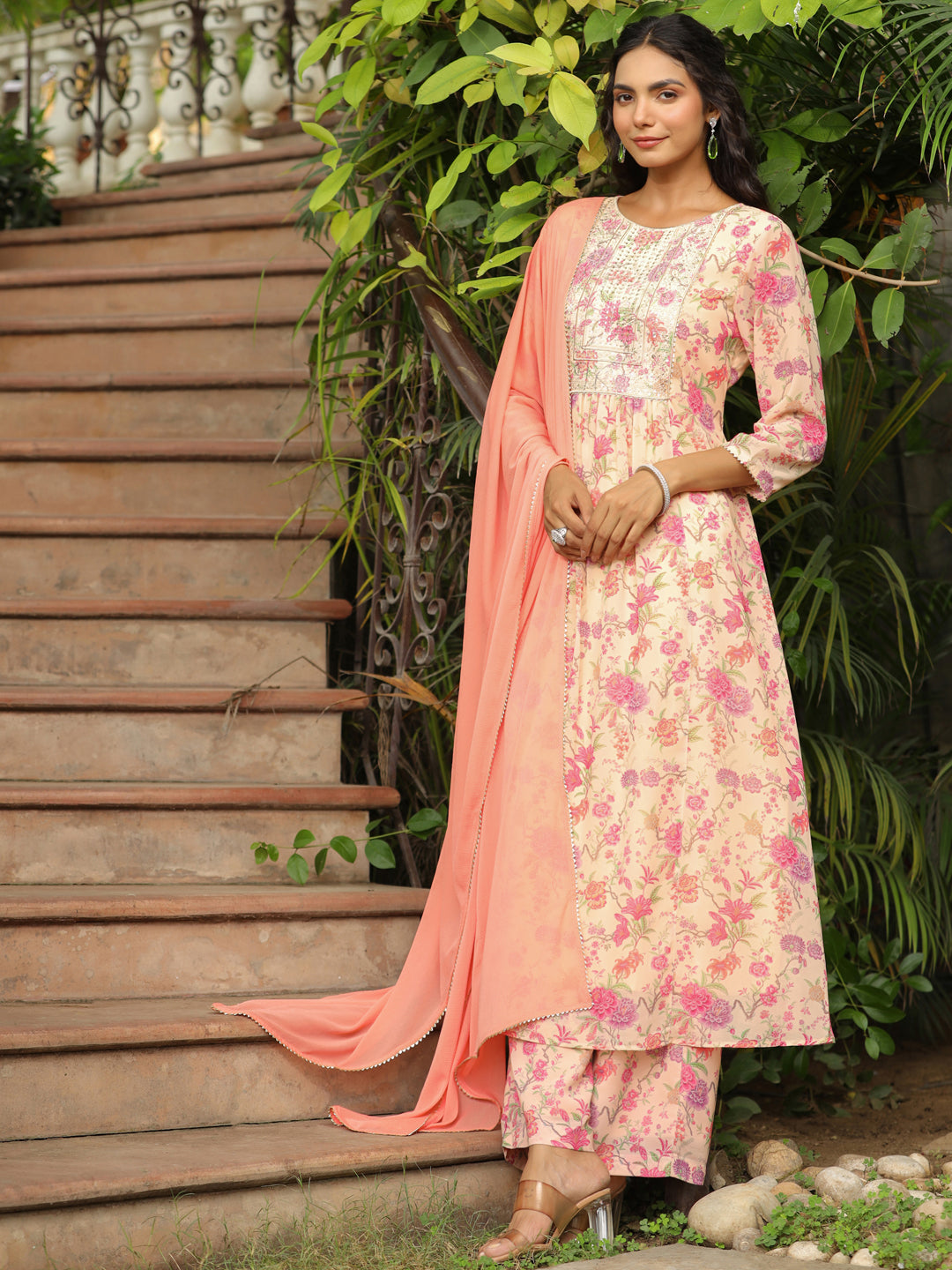 Peach Georgette Yoke Design Floral Printed A-Line Kurta Set  - By Janasya