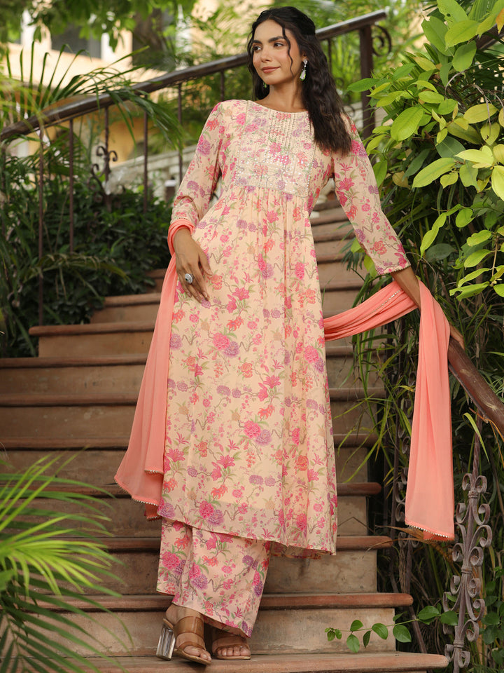 Peach Georgette Yoke Design Floral Printed A-Line Kurta Set  - By Janasya