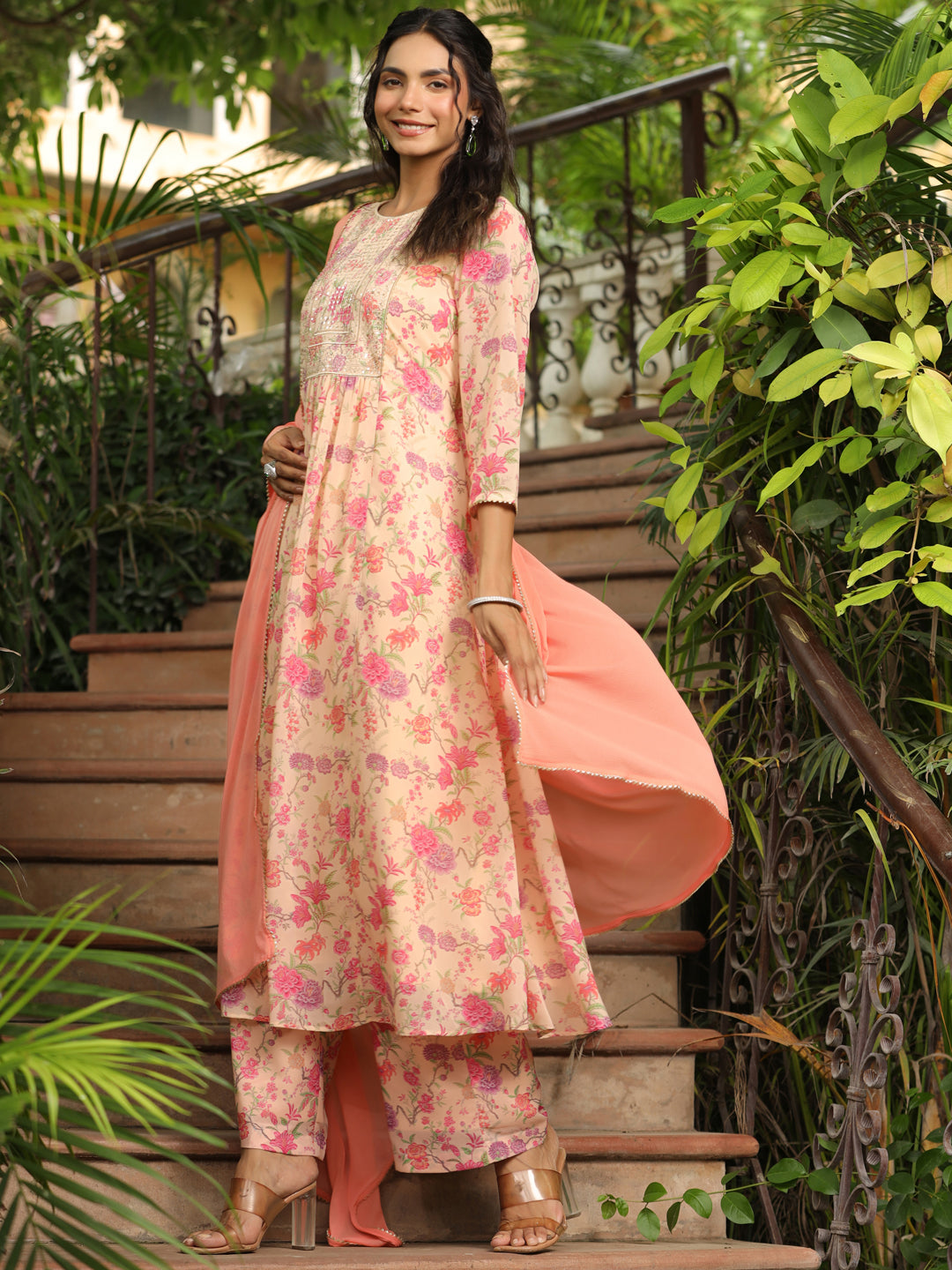 Peach Georgette Yoke Design Floral Printed A-Line Kurta Set  - By Janasya