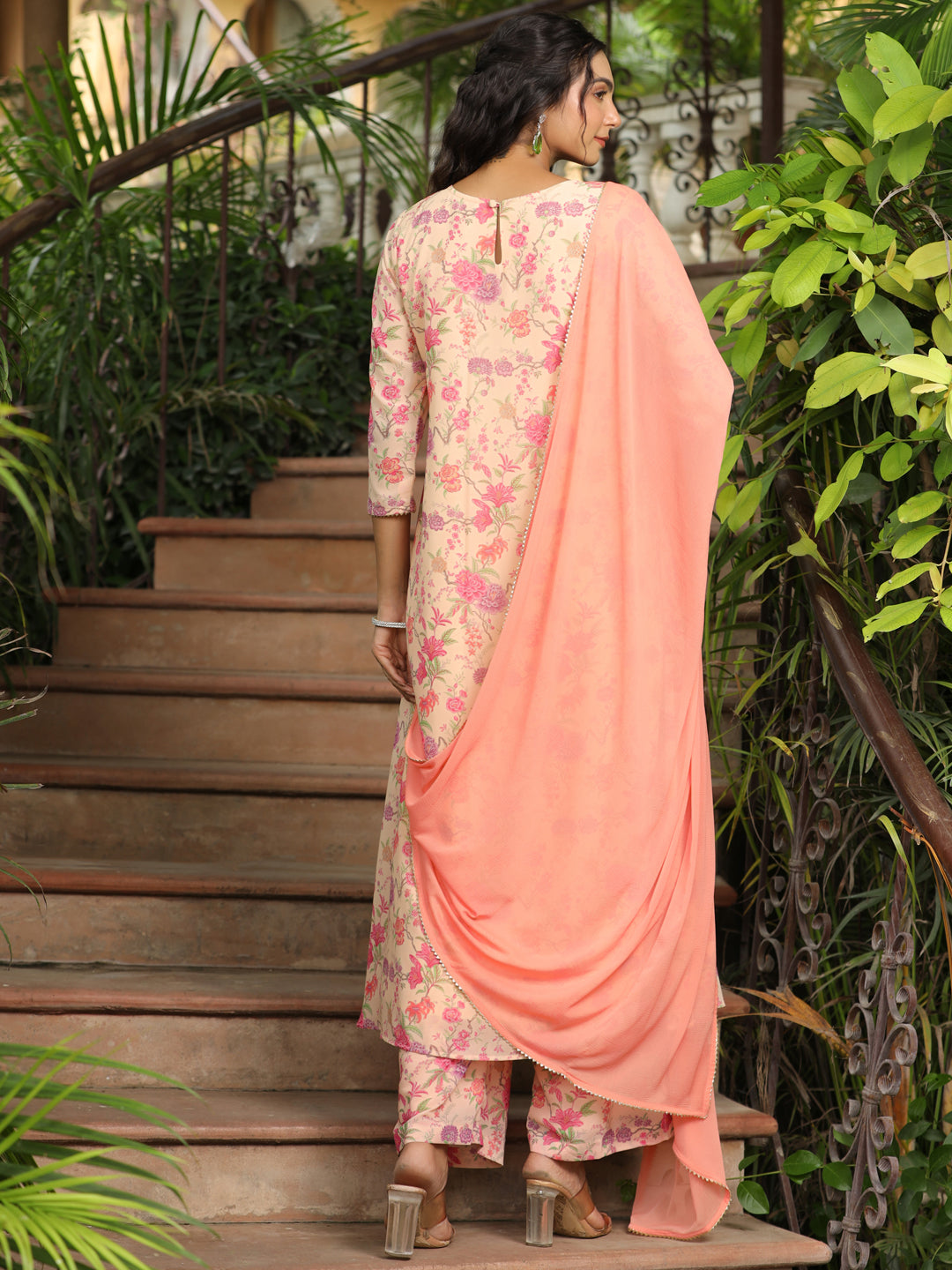 Peach Georgette Yoke Design Floral Printed A-Line Kurta Set  - By Janasya