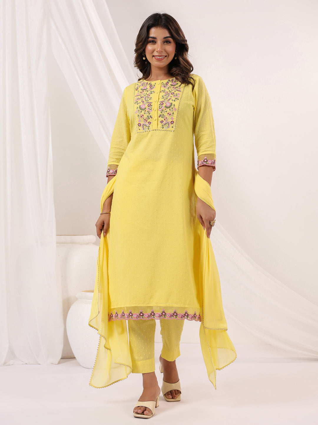 Janasya Women's Yellow Dobby Pure Cotton Embroidered Straight Kurta Set - qivii