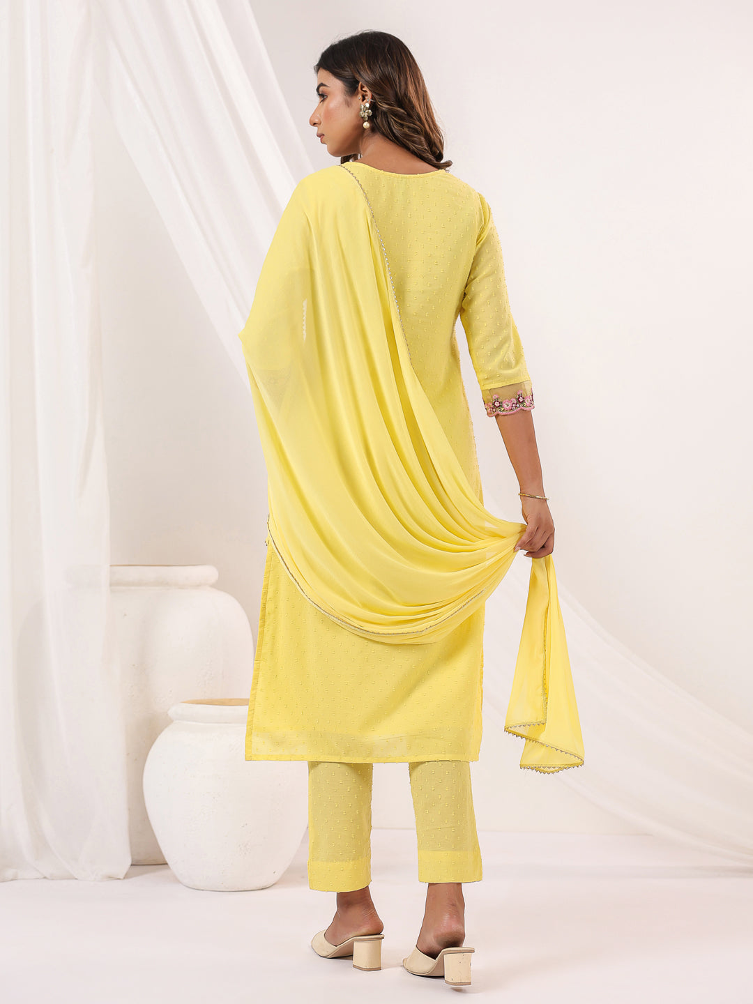 Janasya Women's Yellow Dobby Pure Cotton Embroidered Straight Kurta Set - qivii