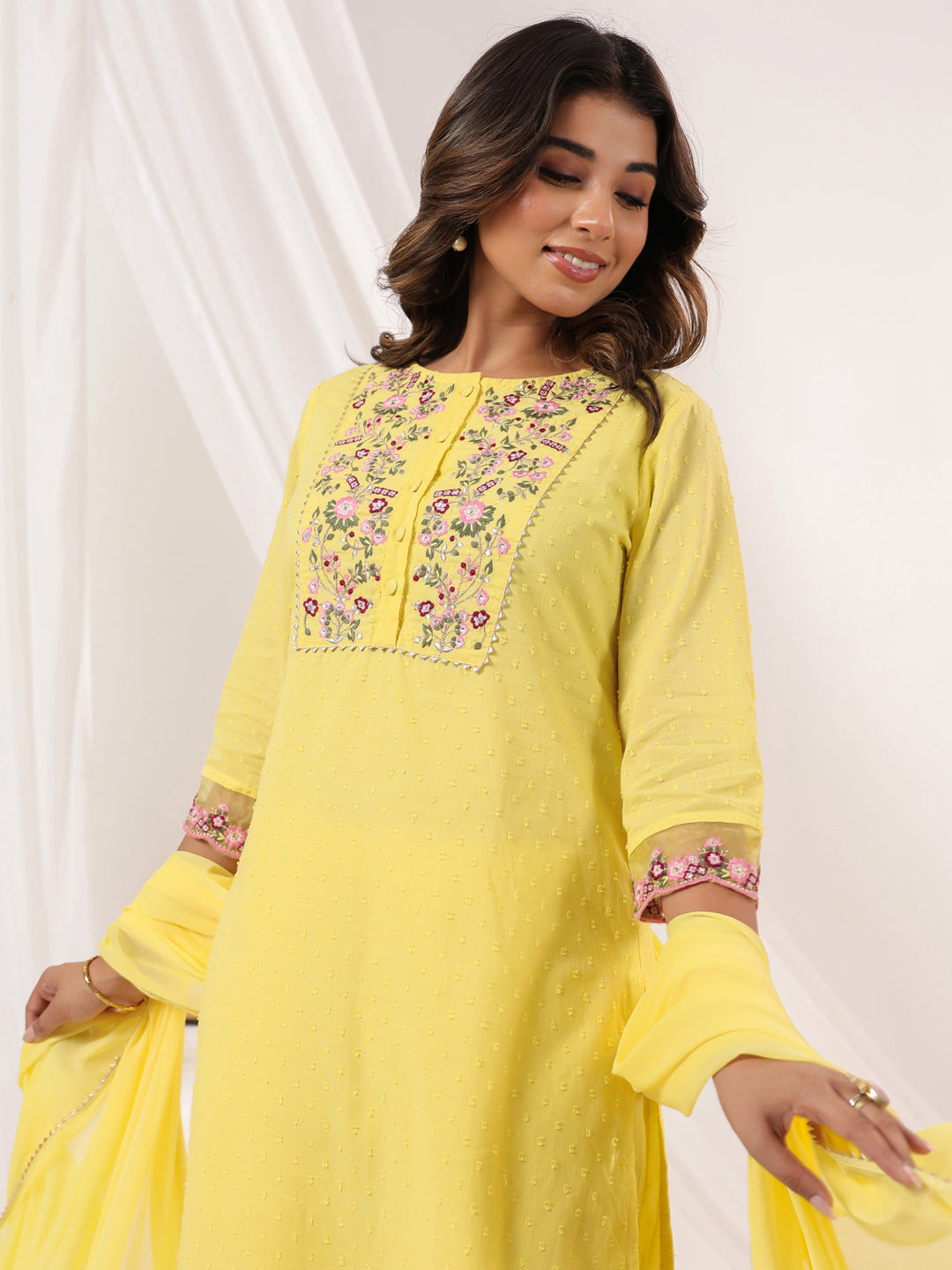 Janasya Women's Yellow Dobby Pure Cotton Embroidered Straight Kurta Set - qivii
