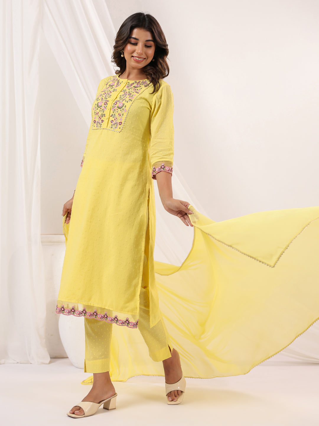 Janasya Women's Yellow Dobby Pure Cotton Embroidered Straight Kurta Set - qivii