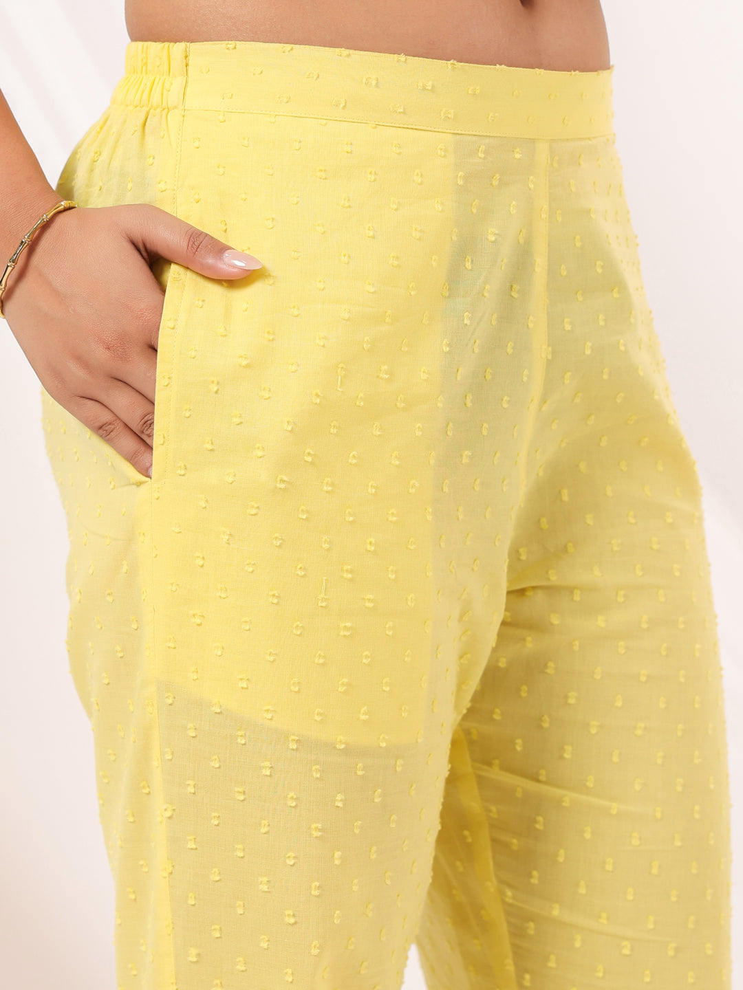 Janasya Women's Yellow Dobby Pure Cotton Embroidered Straight Kurta Set - qivii