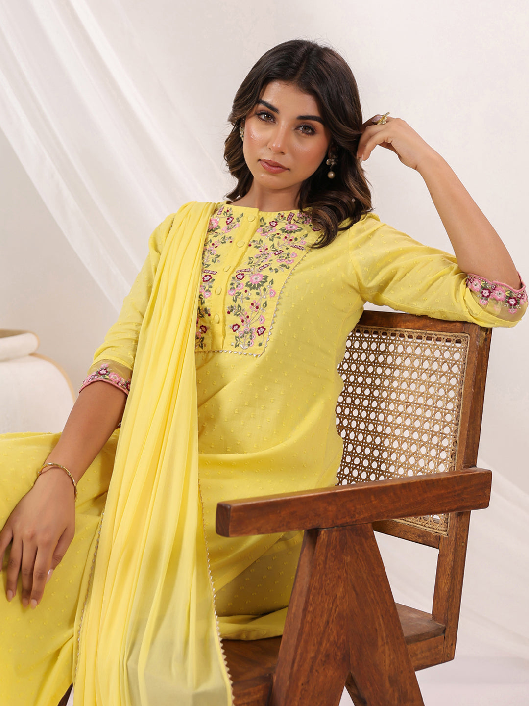 Janasya Women's Yellow Dobby Pure Cotton Embroidered Straight Kurta Set - qivii