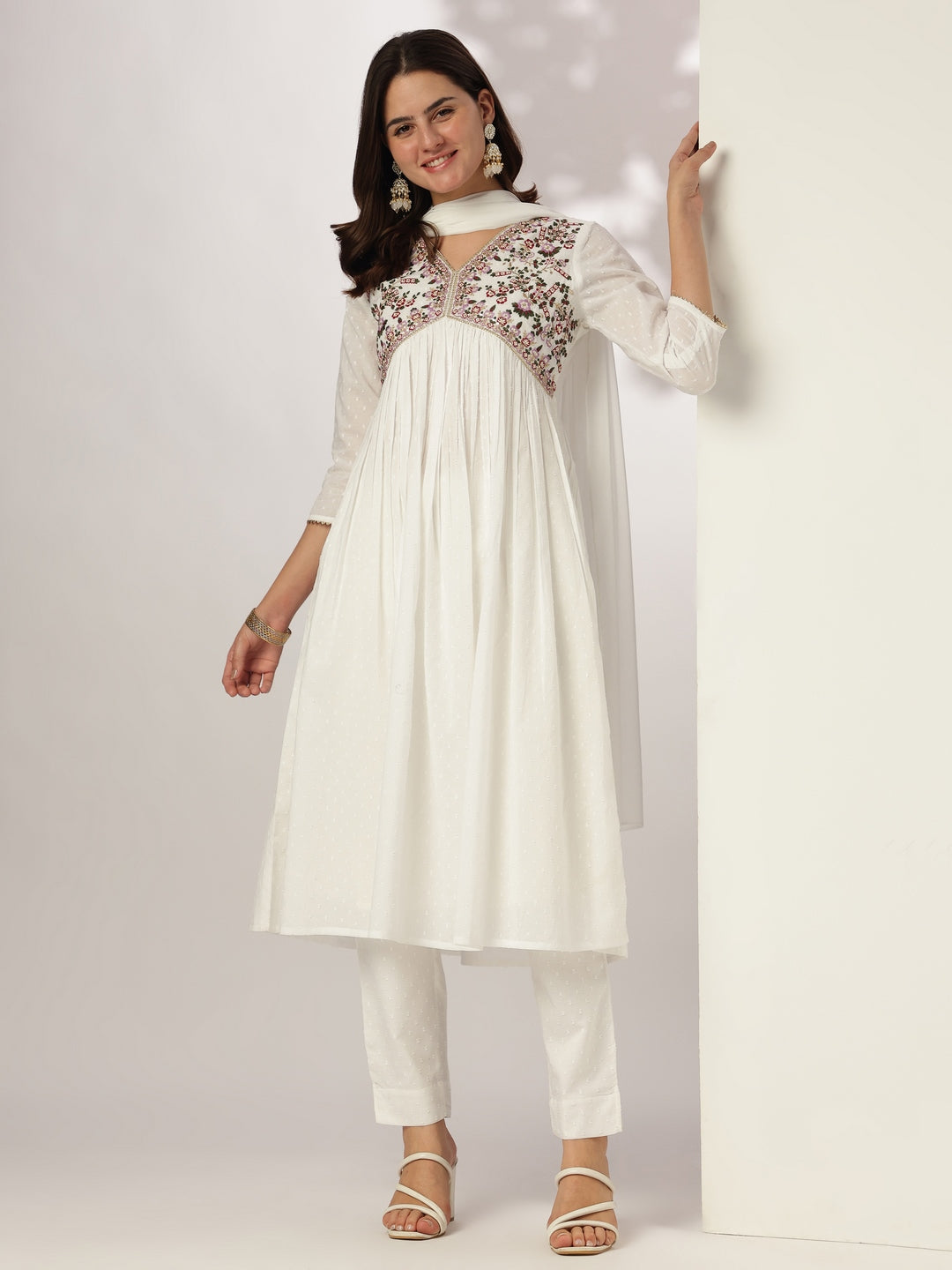 Janasya Women's White Dobby Pure Cotton Embroidered A-line Kurta Set - qivii