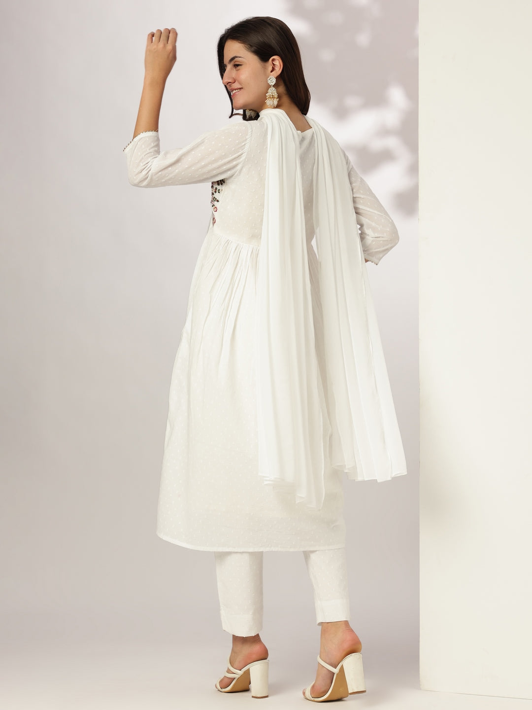 Janasya Women's White Dobby Pure Cotton Embroidered A-line Kurta Set - qivii
