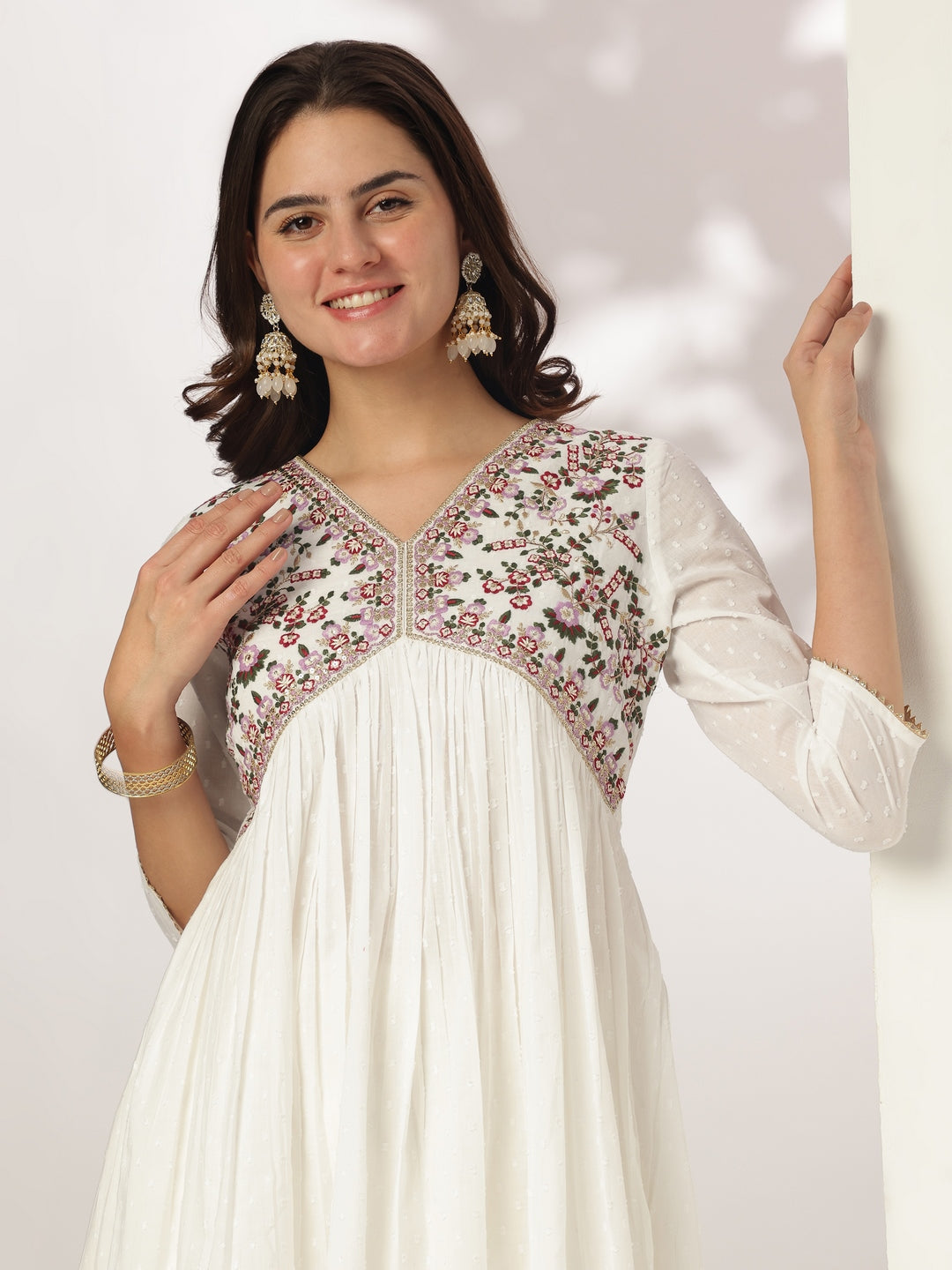 Janasya Women's White Dobby Pure Cotton Embroidered A-line Kurta Set - qivii