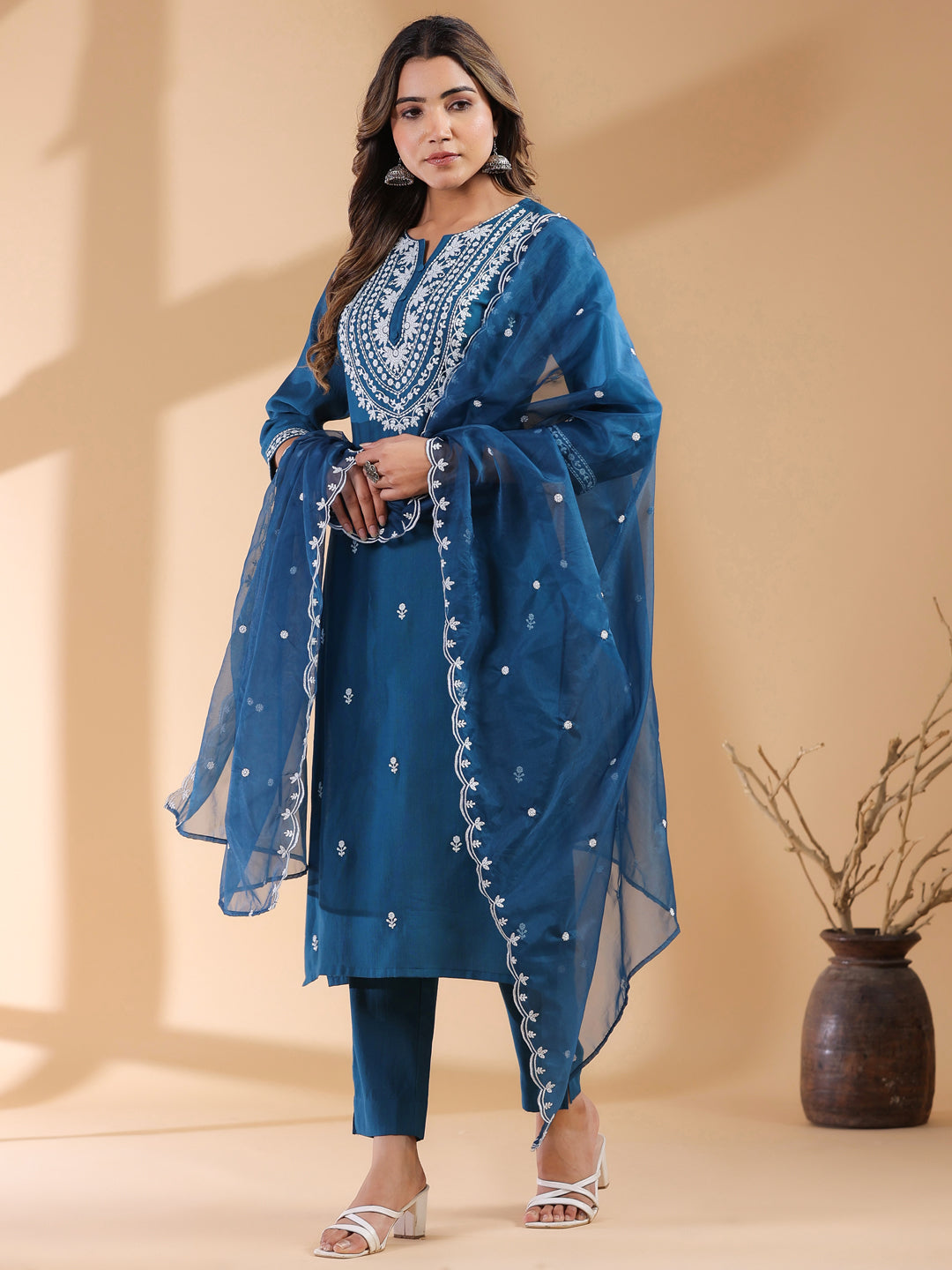 Teal Blue Silk Blend Embroidered Straight Kurta Set - qivii