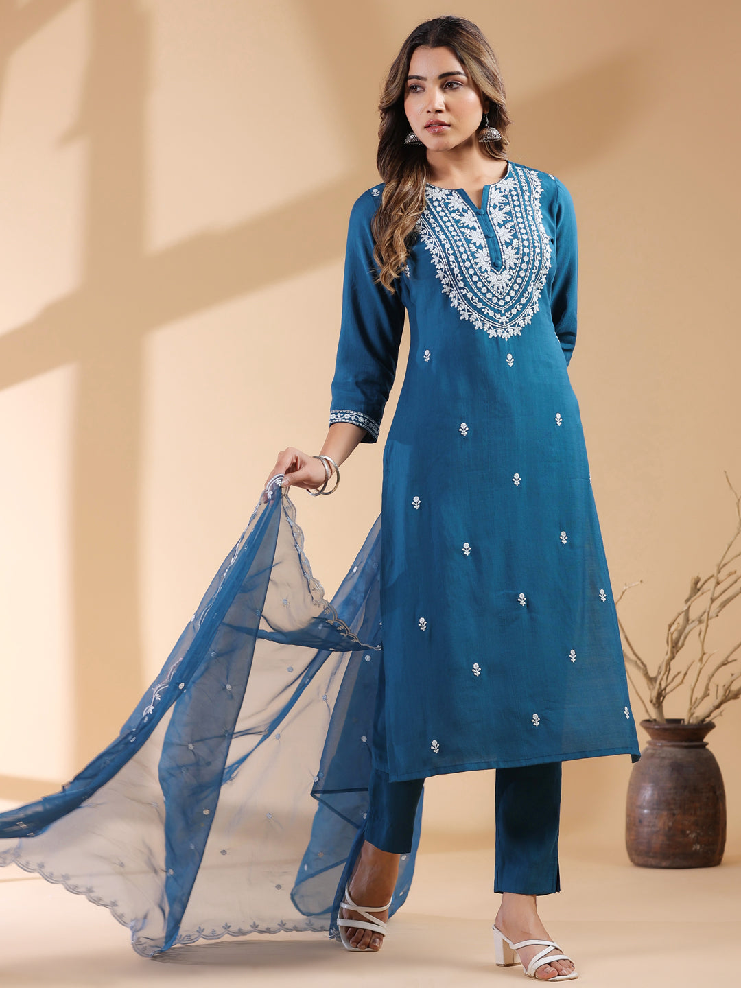 Teal Blue Silk Blend Embroidered Straight Kurta Set - qivii