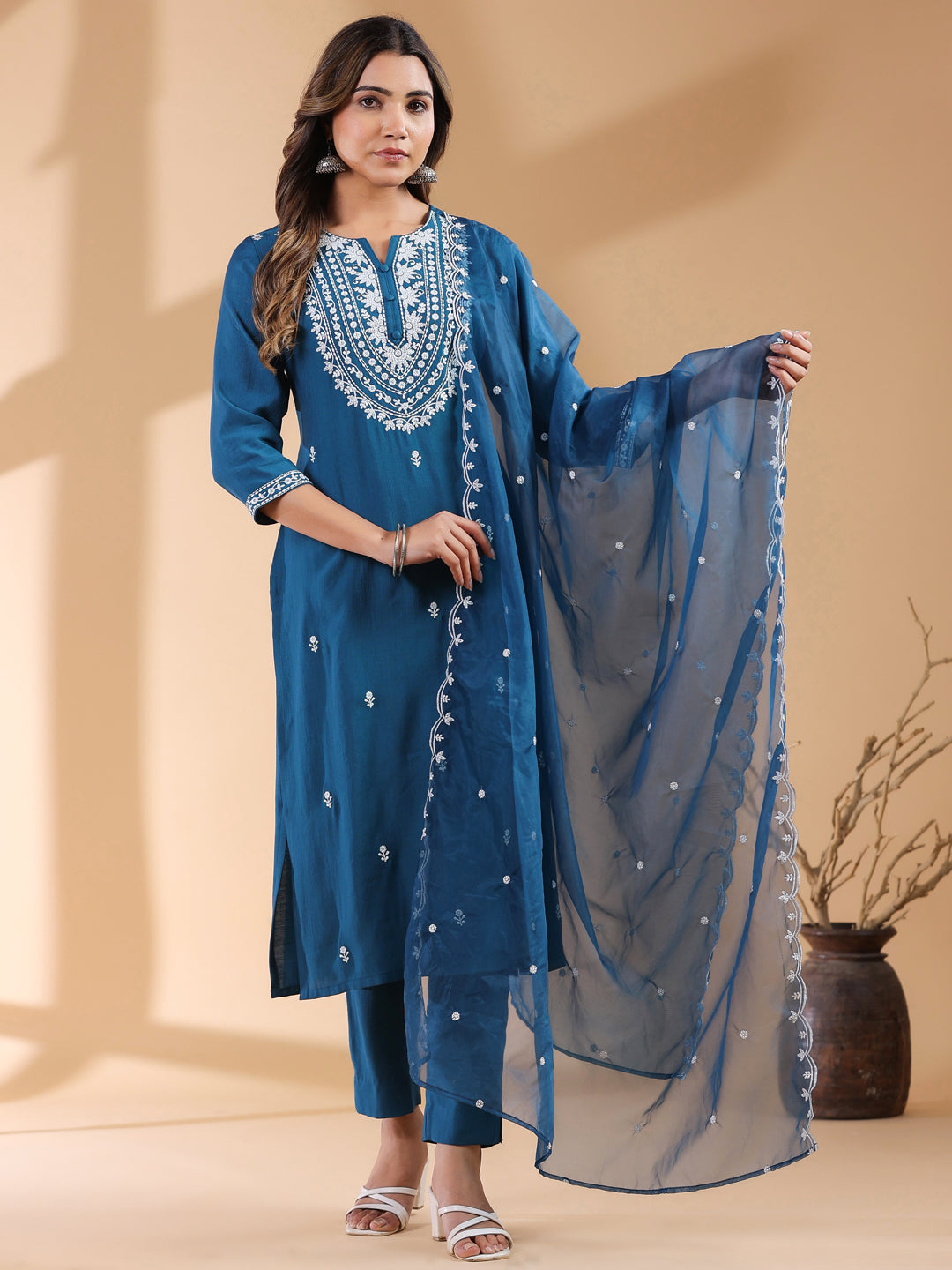 Teal Blue Silk Blend Embroidered Straight Kurta Set - qivii