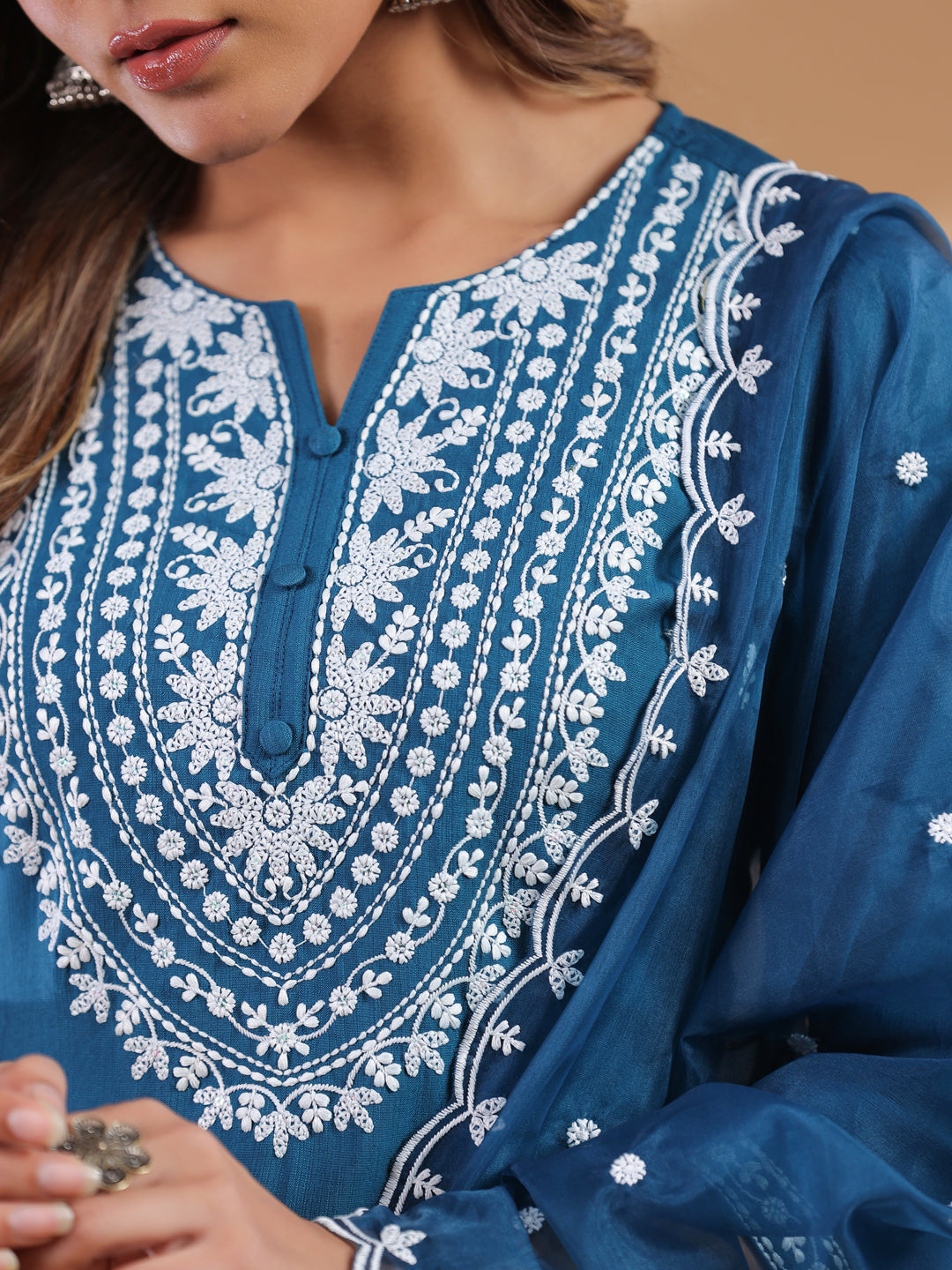 Teal Blue Silk Blend Embroidered Straight Kurta Set - qivii