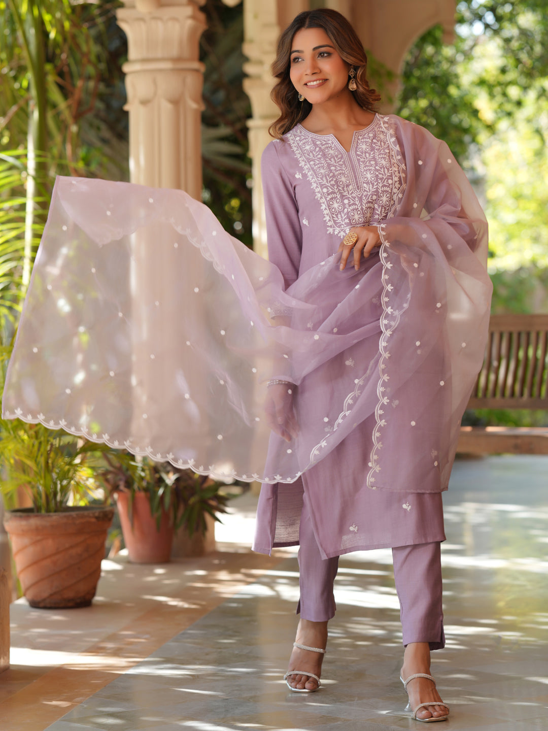 Lavender Silk Blend Embroidered Straight Kurta Set - qivii