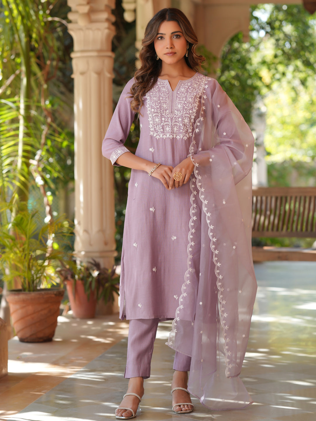 Lavender Silk Blend Embroidered Straight Kurta Set - qivii