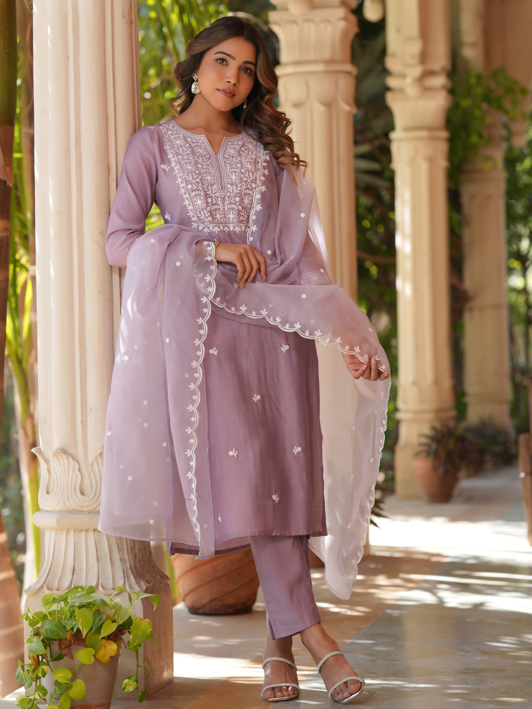 Lavender Silk Blend Embroidered Straight Kurta Set - qivii