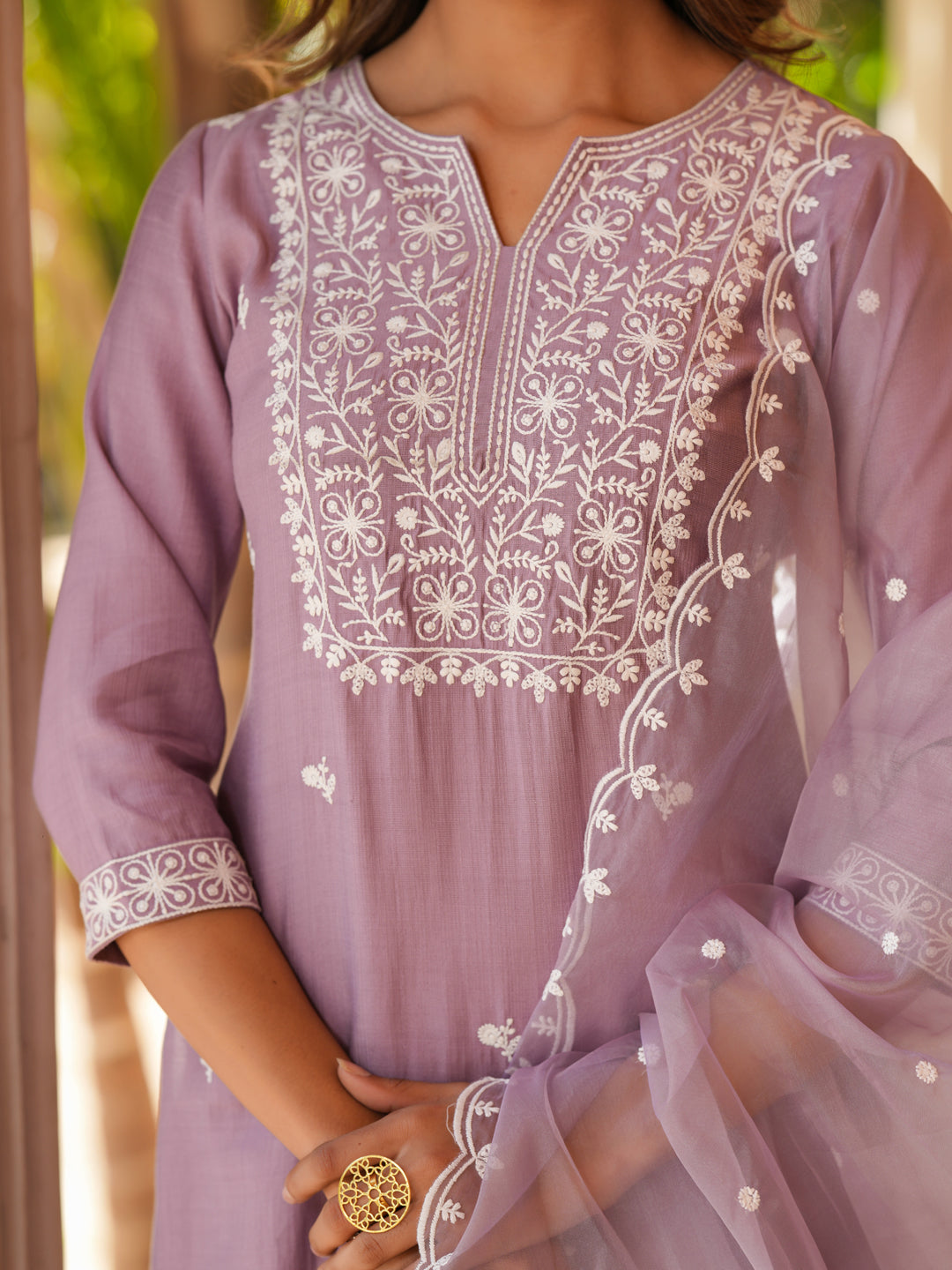 Lavender Silk Blend Embroidered Straight Kurta Set - qivii