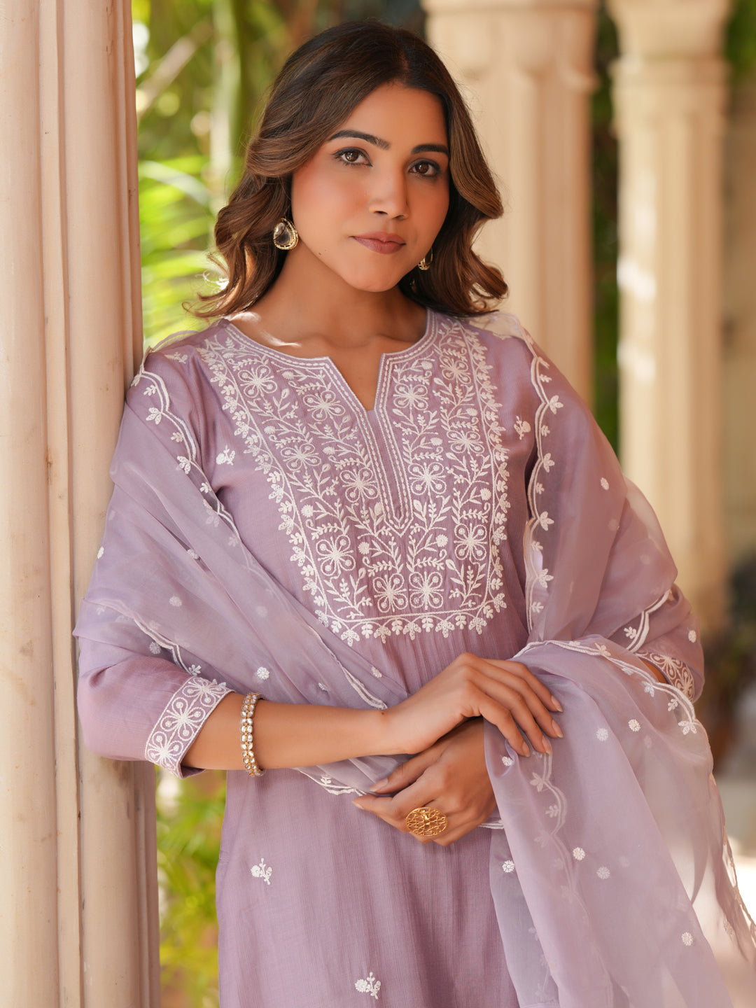 Lavender Silk Blend Embroidered Straight Kurta Set - qivii