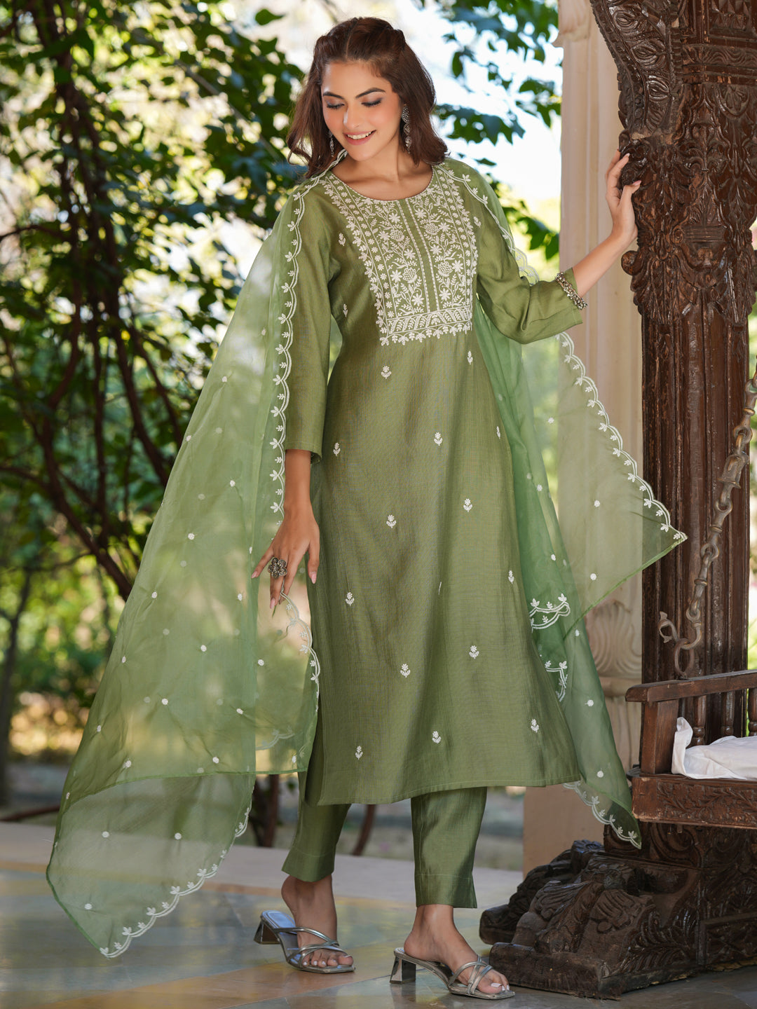 Sage Green Silk Blend Embroidered Straight Kurta Set - qivii