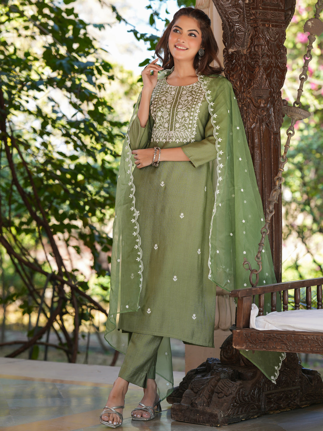 Sage Green Silk Blend Embroidered Straight Kurta Set - qivii