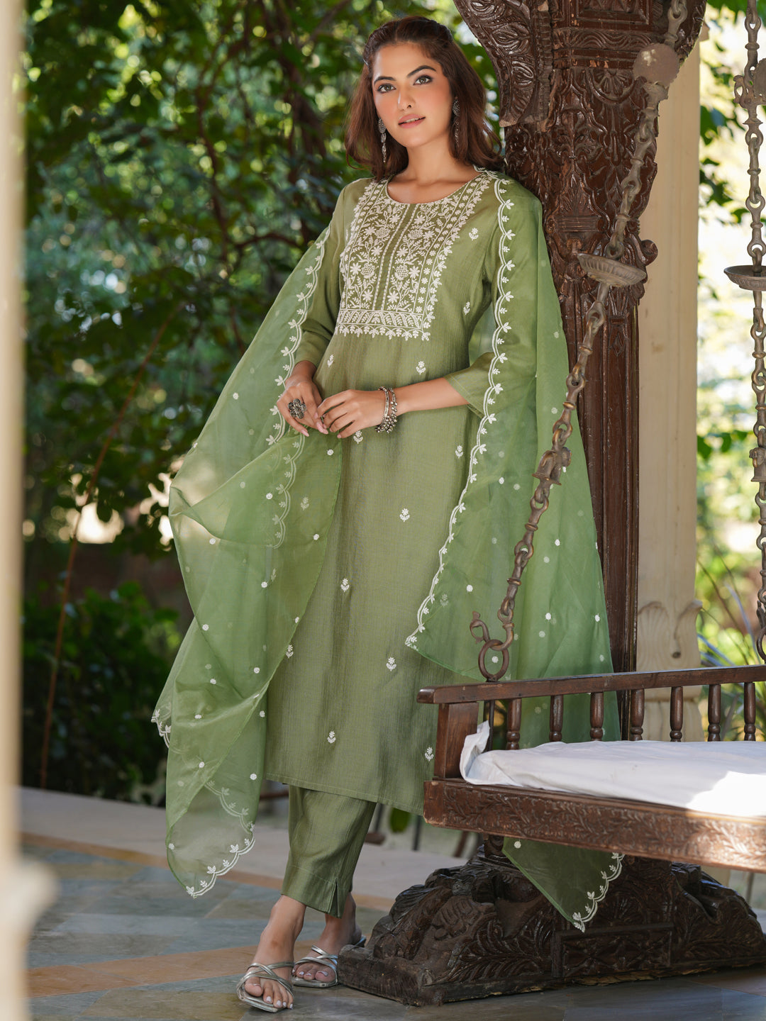 Sage Green Silk Blend Embroidered Straight Kurta Set - qivii
