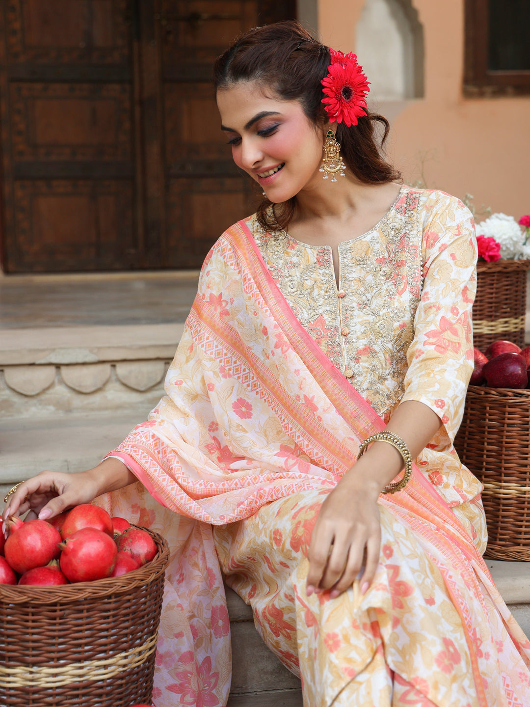 Janasya Women's Cream Pure Cotton Floral Printed Yoke Embroidered A-line Kurta Set - qivii