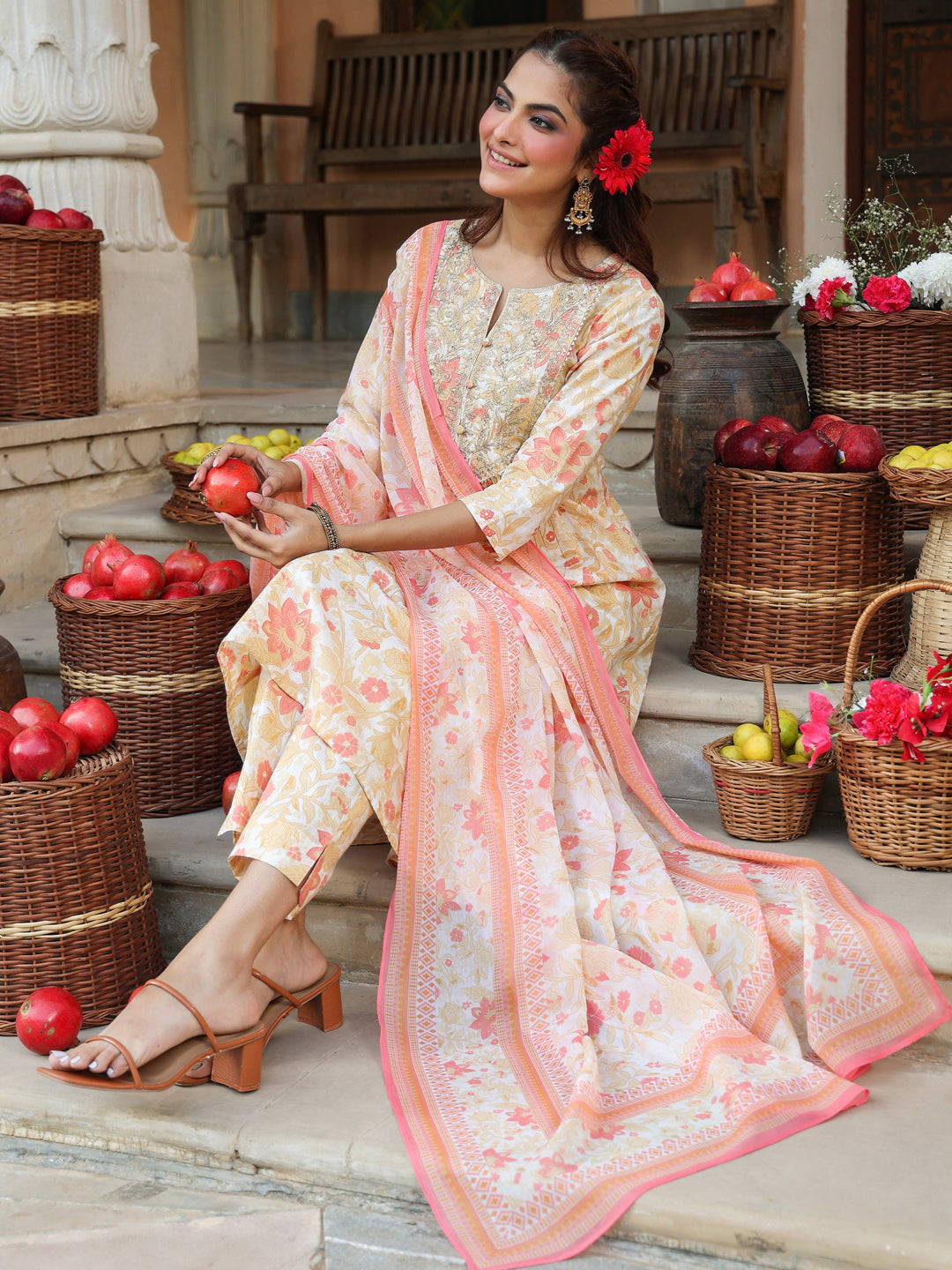 Janasya Women's Cream Pure Cotton Floral Printed Yoke Embroidered A-line Kurta Set - qivii