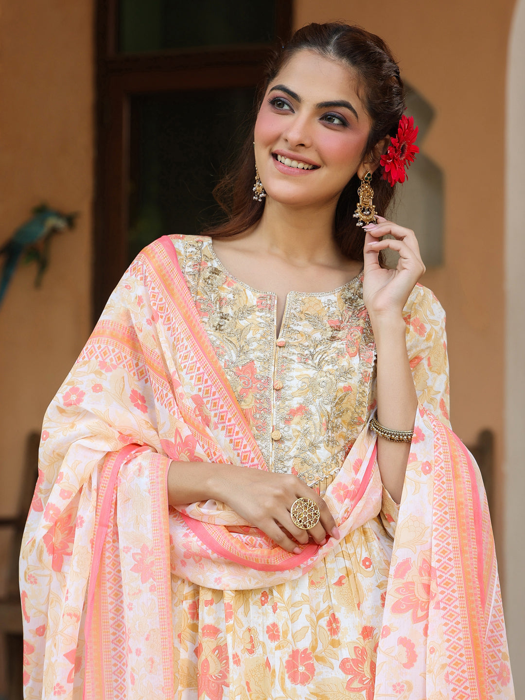 Janasya Women's Cream Pure Cotton Floral Printed Yoke Embroidered A-line Kurta Set - qivii