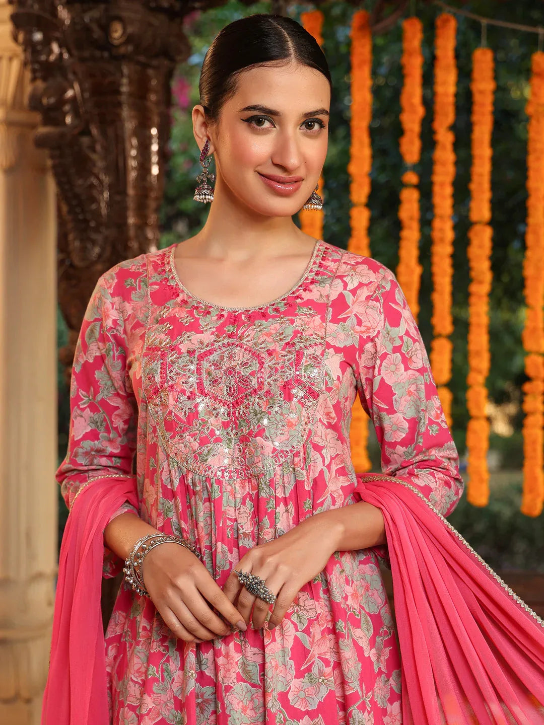 Janasya Women's Pink Pure Cotton Yoke Embroidered Floral Printed A-line Kurta Set