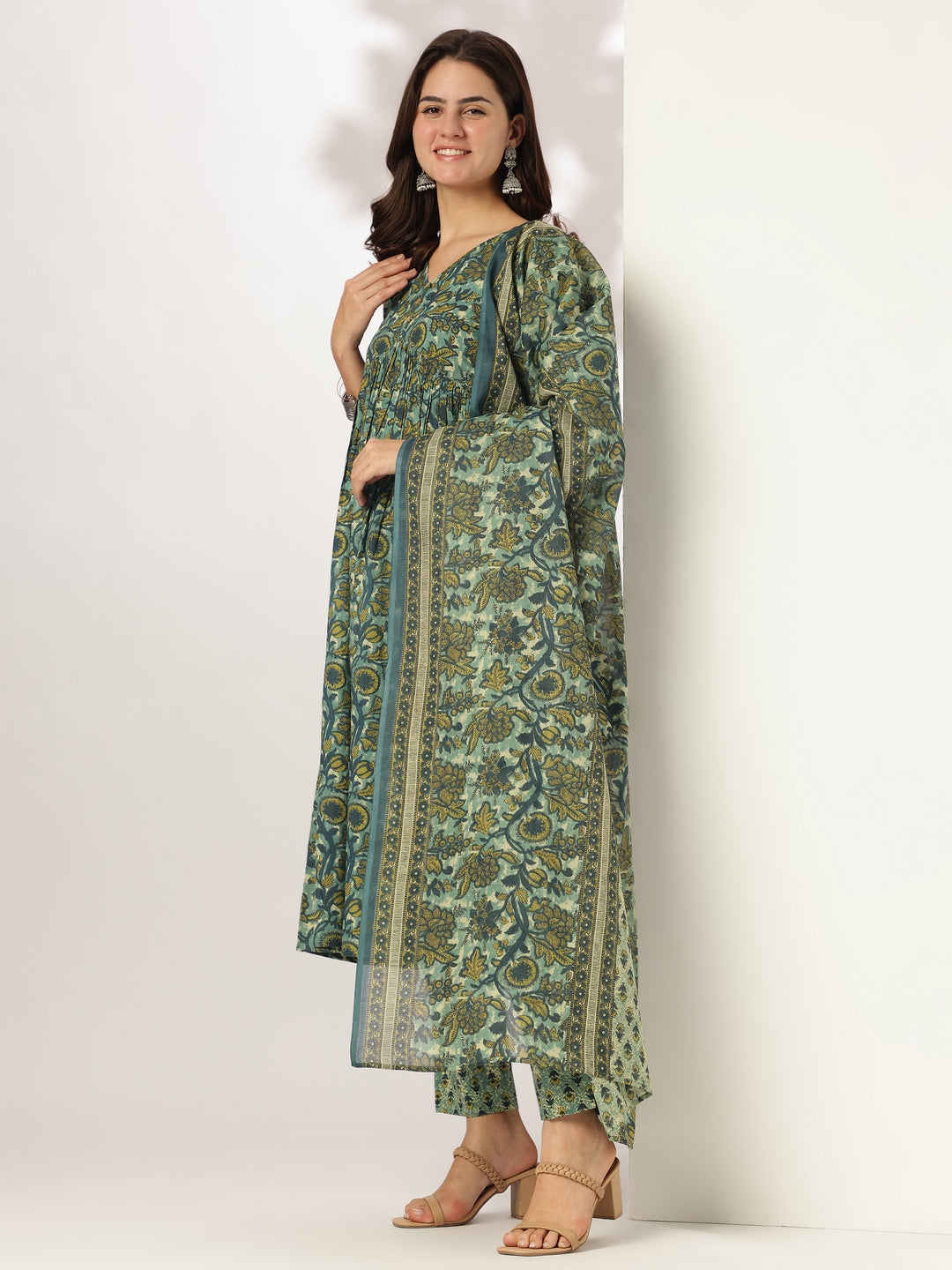 Sea Green Pure Cotton Floral Printed A-line Kurta Set - qivii