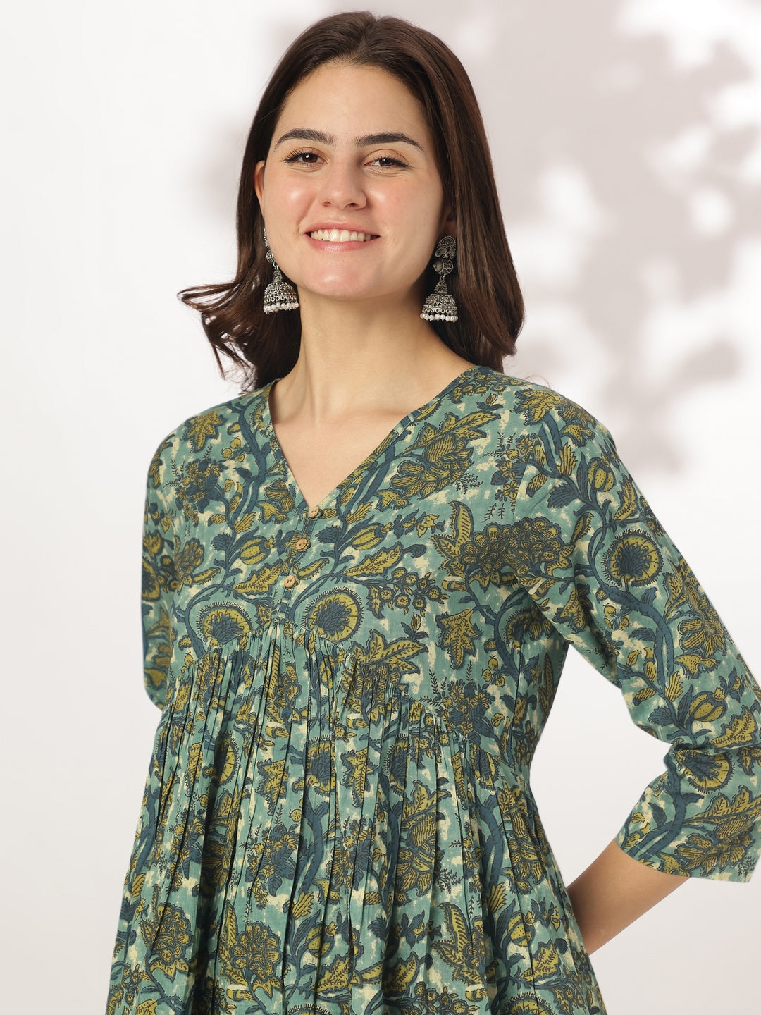 Sea Green Pure Cotton Floral Printed A-line Kurta Set - qivii