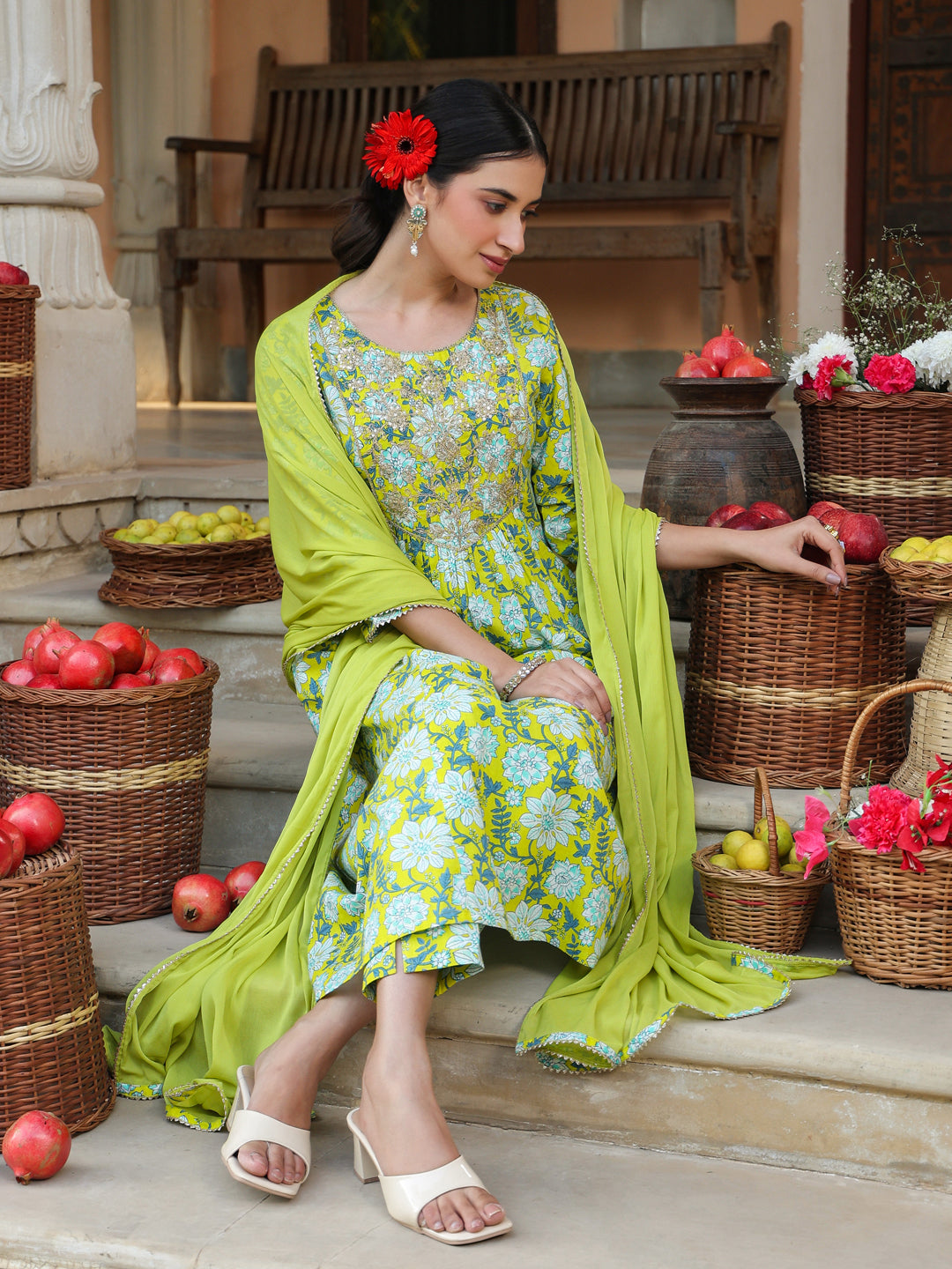 Janasya Women's Lime Green Pure Cotton Floral Printed Yoke Design A-line Kurta Set - qivii