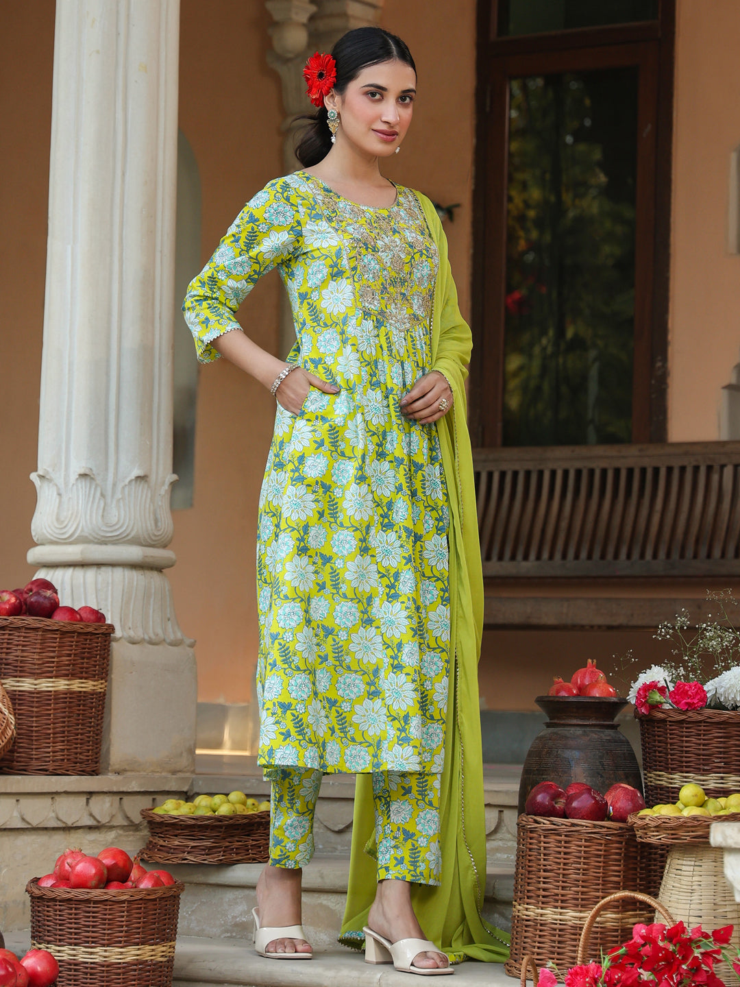 Janasya Women's Lime Green Pure Cotton Floral Printed Yoke Design A-line Kurta Set - qivii