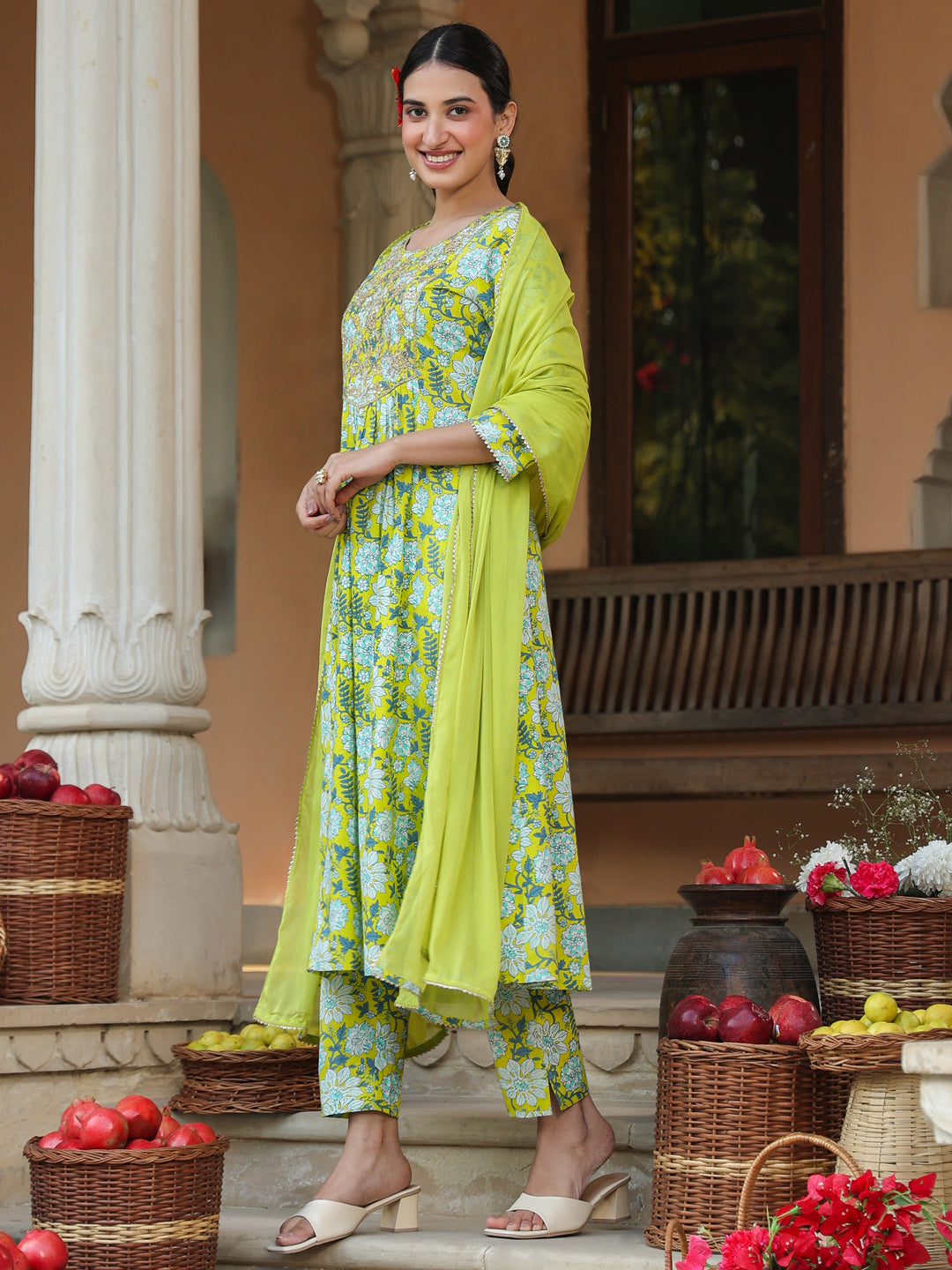 Janasya Women's Lime Green Pure Cotton Floral Printed Yoke Design A-line Kurta Set - qivii