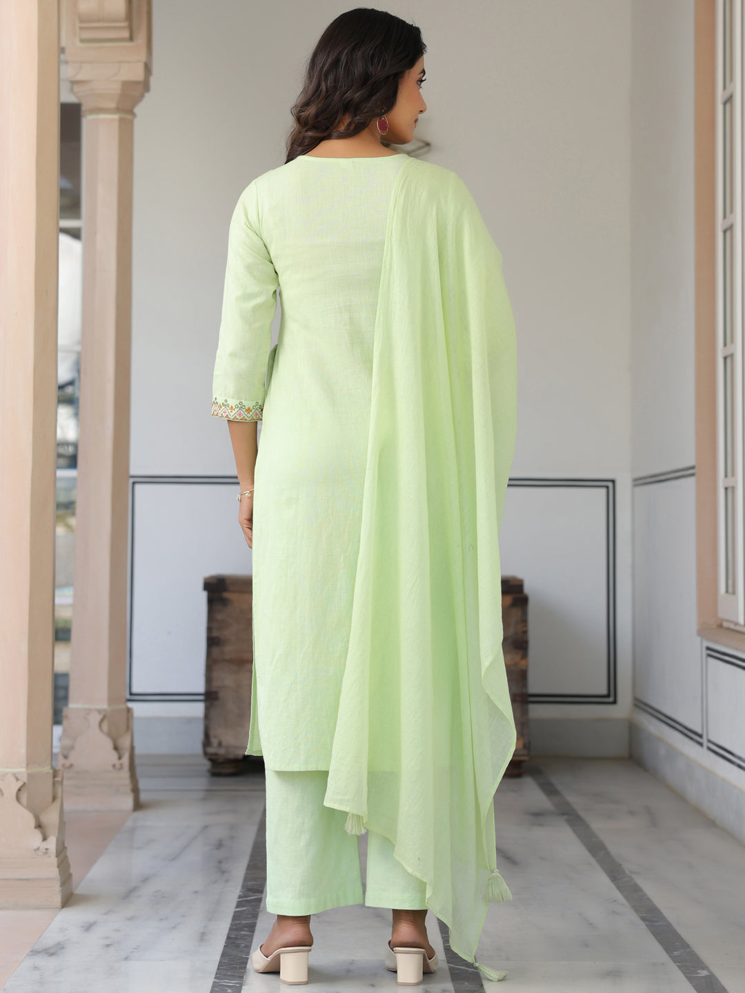 Janasya Women's Light Green Cotton Embellished Straight Kurta Set - qivii