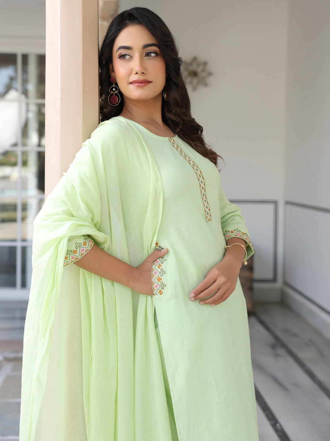 Janasya Women's Light Green Cotton Embellished Straight Kurta Set - qivii