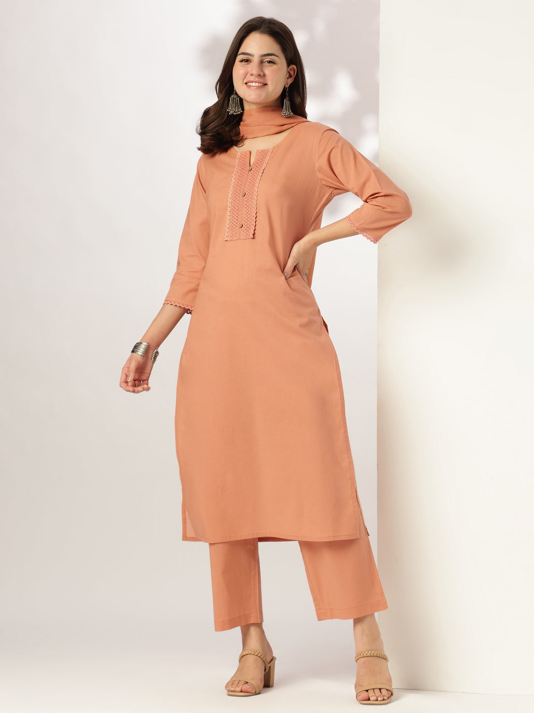 Rust Pure Cotton Solid Straight Kurta Set - qivii