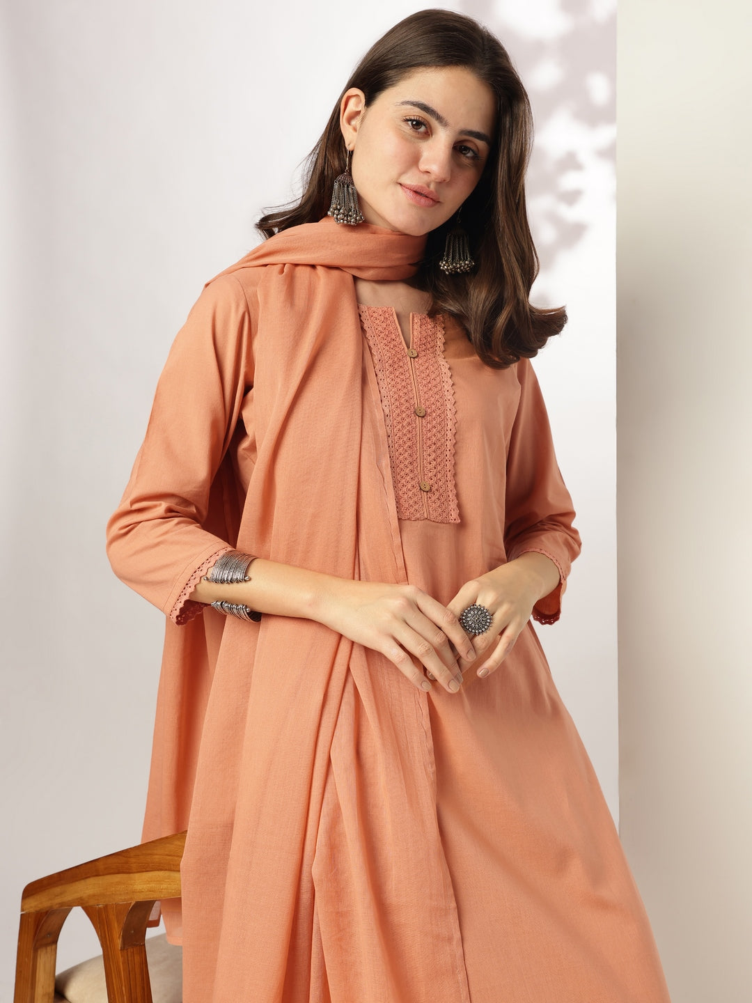 Rust Pure Cotton Solid Straight Kurta Set - qivii