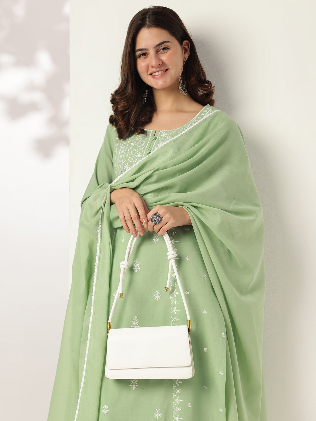 Janasya Women's Light Green Pure Cotton Embroidered Straight Kurta Set - qivii