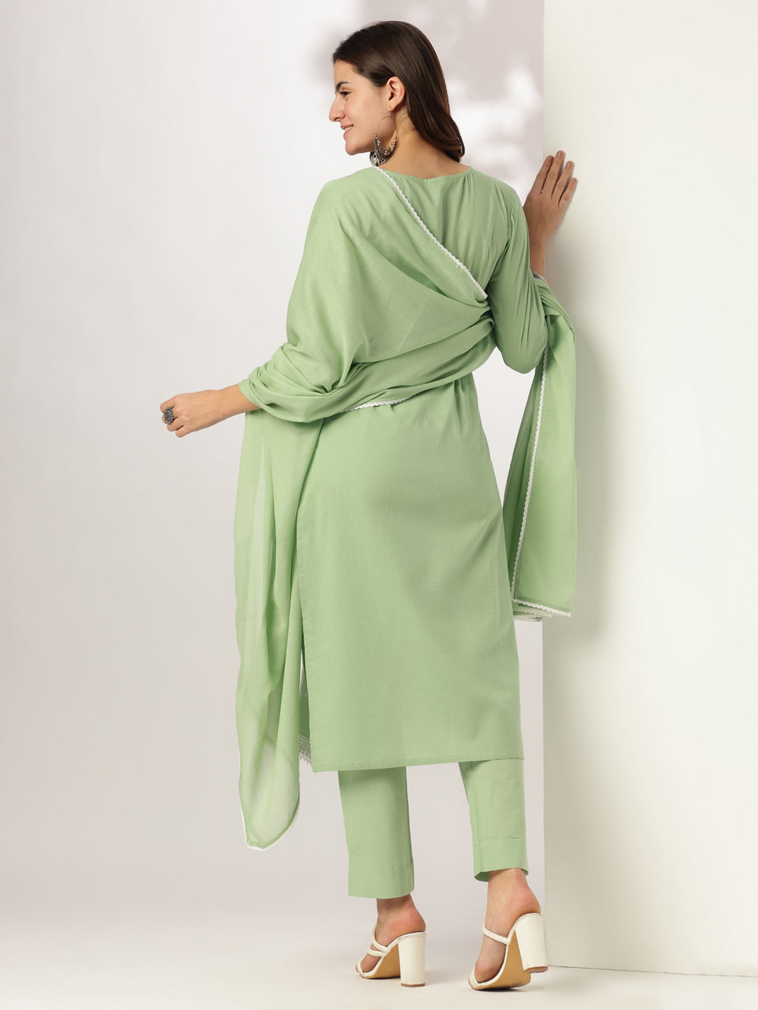 Janasya Women's Light Green Pure Cotton Embroidered Straight Kurta Set - qivii