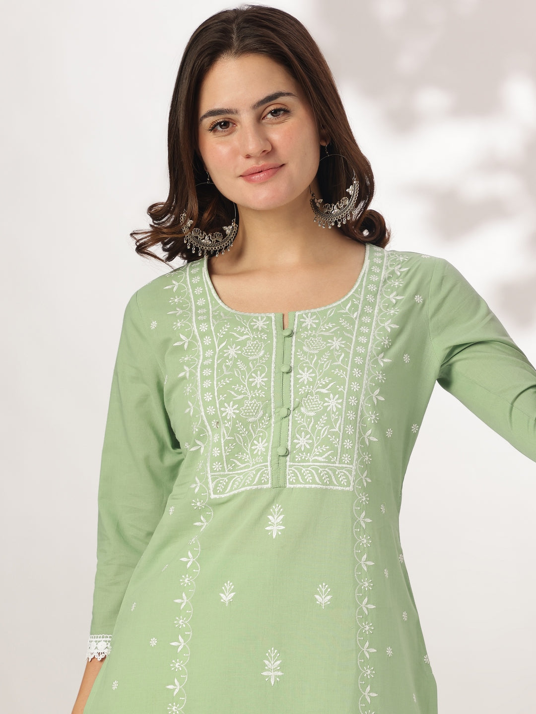 Janasya Women's Light Green Pure Cotton Embroidered Straight Kurta Set - qivii