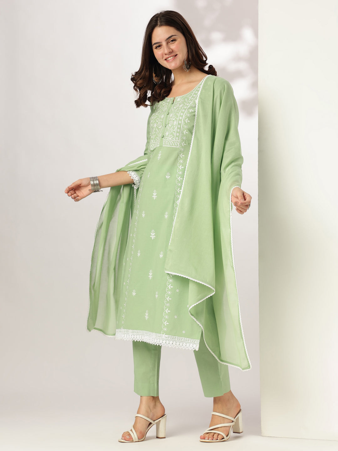 Janasya Women's Light Green Pure Cotton Embroidered Straight Kurta Set - qivii